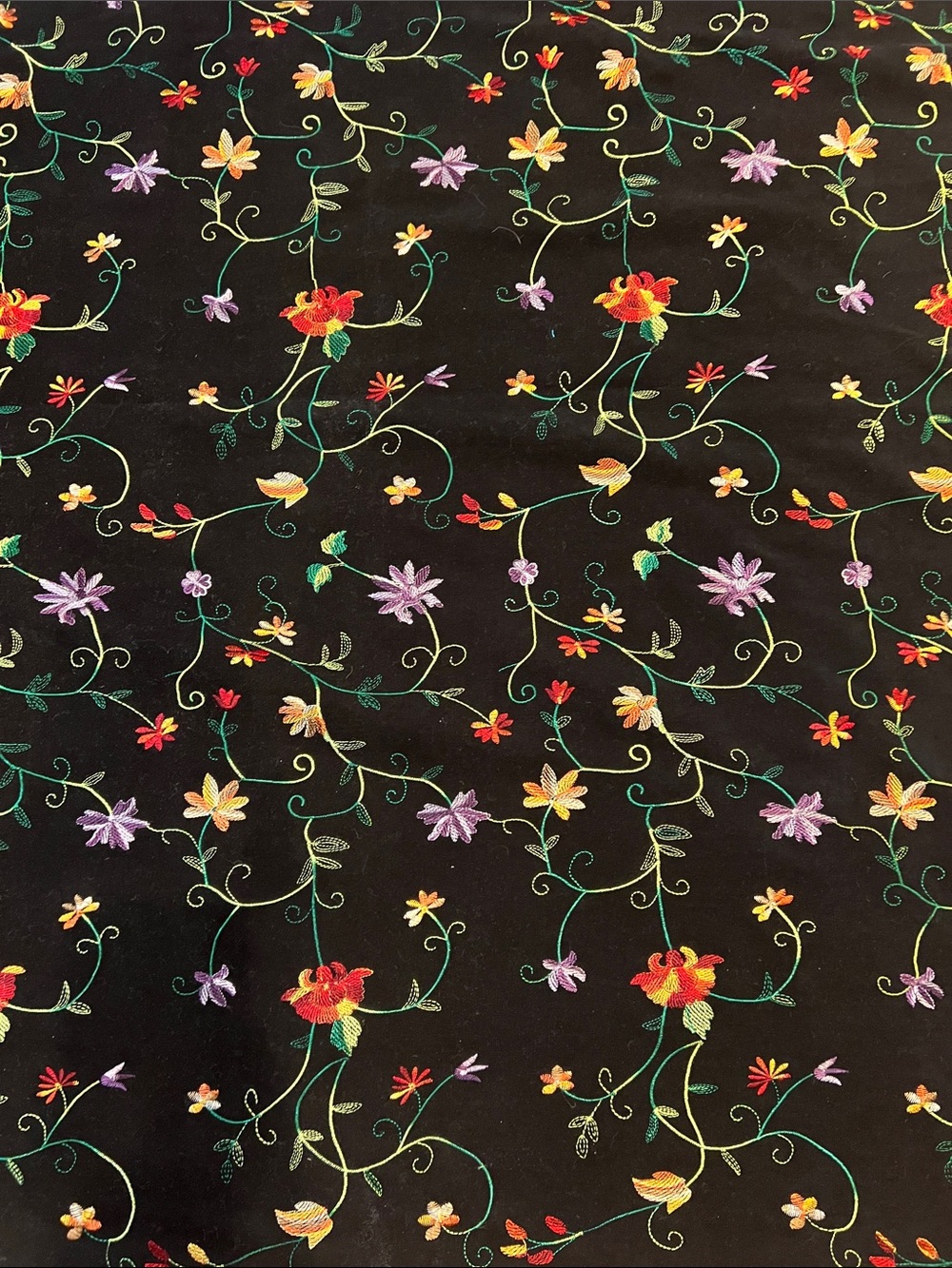 Black fabric with Multicolor Floral Embroidery